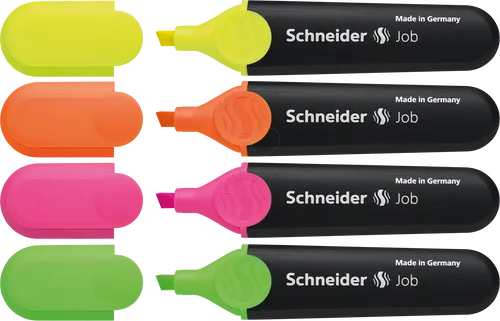 Schneider Job 150 Textmarker - 4er Etui in Neonfarben, aus über 90% recyceltem Kunststoff und ausgezeichnet mit dem Blauen Engel