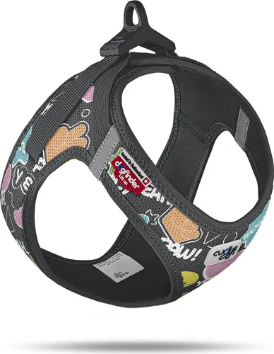 Curli Hunde-Geschirr Clasp Vest Limited Edition Comic Black - Brustgeschirr aus ultraleichtem, atmungsaktivem Air-Mesh-Material für optimalen Komfort und Sicherheit. Der innovative Clasp-Verschluss ist einhändig bedienbar und hält über 100 kg stand.