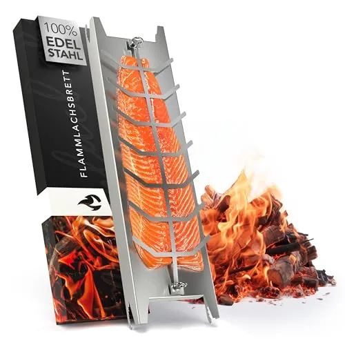 Flammlachsbrett Edelstahl 59,5cm - Extra langer Lachsgrill für Feuerschalen - Grillkörbe: Hochwertiges Flammlachsbrett aus 100% Edelstahl, 180° drehbar und spülmaschinenfest für mühelose Reinigung und perfektes Grillvergnügen.