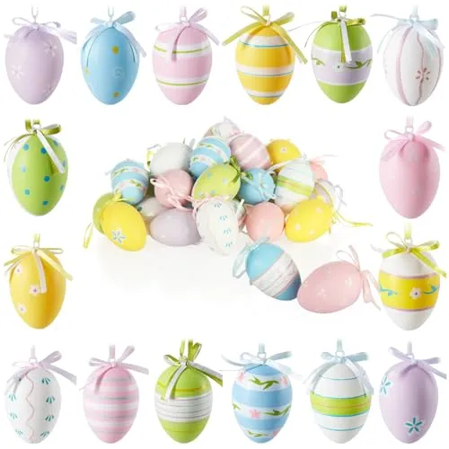 com-four® 36x Deko-Aufhänger Ostern - Ostereier aus Kunststoff zum Aufhängen - Bunte Ostereier für den Osterstrauß (36 Stück - 6 Farben - Mix 3)