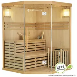 Artsauna Saunakabine Espoo150 Premium - 3-Personen Hemlock Holz mit Harvia Ofen, große Glasfront für entspannendes Saunavergnügen zu Hause