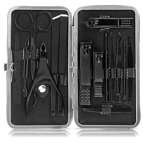 JamBer 15PCS Professionelle Maniküre Set, Edelstahl Nagelschere set, Portable Maniküre Pediküre Set mit luxuriösen Lederetui für Reisen & Zuhause (Schwarz)