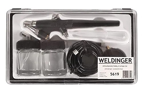 WELDINGER Airbrush-Pistole mit Zubehör, 6-teiliges Set Druckluftpistole Sprühmuster einstellbar 1/4