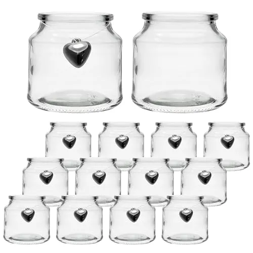 12er Set Teelichtgläser aus Glas – Kleine Windlichter H 7 cm mit silbernen Herzanhängern – Teelichthalter für Tischdeko & Hochzeit