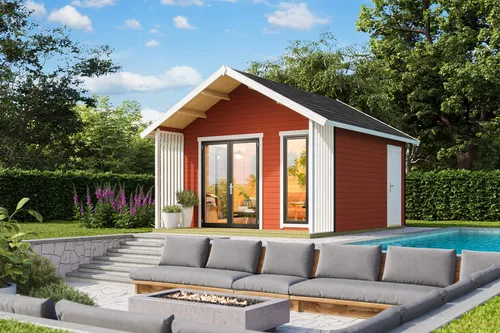 Gartenhaus Blockhaus Satteldach 44 mm Murano 1 rot - Robustes Gartenhaus mit 44 mm Wandstärke und abschließbaren Doppeltüren. Ideal für Gartenliebhaber, die zusätzlichen Stauraum und einen Rückzugsort im Freien suchen.