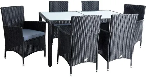 ESTEXO Polyrattan Sitzgruppe für 6 Personen - Stilvolles Essset für die Terrasse, inklusive bequemer Sessel mit Armlehnen und stabiler Tischplatte aus Sicherheitsglas; UV-beständig und ideal für den Außenbereich.