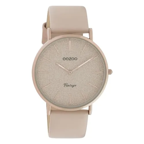 Oozoo Vintage Armbanduhr mit Glitzer Lederband 40 MM - Elegante Armbanduhr für Damen mit rosegoldfarbenem Gehäuse und funkelndem pinkgrauen Zifferblatt, spritzwassergeschützt und ideal für jeden Anlass.