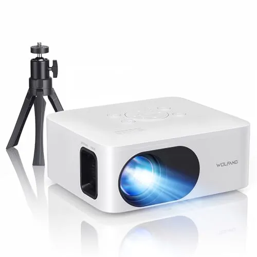 Wolfgang Mini Projektor mit Stativ, 1080P Full HD Tragbare Telefonprojektor, Outdoor Heimkino, Kompatibel mit HDMI, USB, Smartphone, Tablet, PC, TV Stick, AV, Micro SD Karte