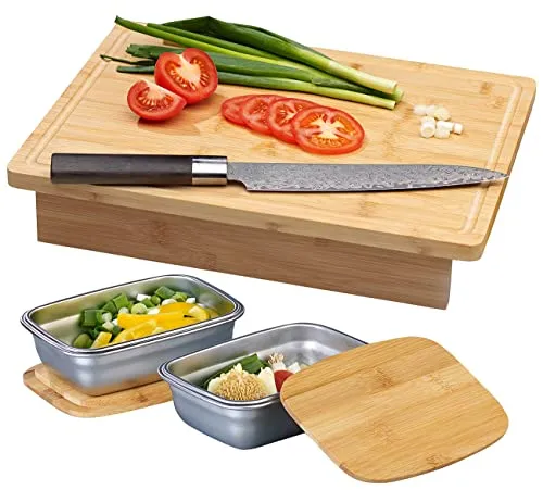 Rosenstein & Söhne Brett: XL-Bambus-Schneidebrett und 2 Edelstahl-Auffangbehälter mit Deckeln (Schneidebrett mit Auffangschale, mit Abfallschale, Frischhaltedosen)