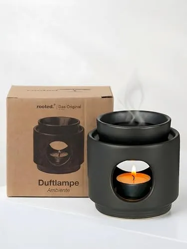 rooted.® | Duftlampe Ambiente Teelicht | Design Aromalampe aus Keramik | Stövchen für ätherische Öle, Duftöl und Duftwachs | Matt Schwarz | Deutsche Markenqualität …