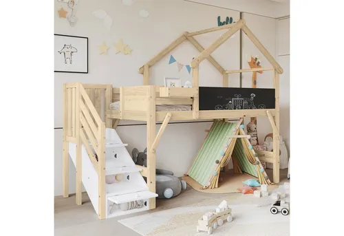 Okwish Etagenbett Weiß 90x200 cm mit Stauraumtreppe - Stylisches Etagenbett in Weiß mit kreativem Dachdesign und bemalbarer Tafel. Ideal für Kinderzimmer, fördert Spielspaß und Ordnung durch praktische Stauraumtreppe.