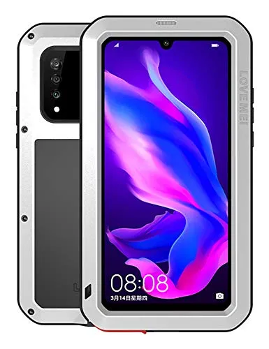 FONREST Ganzkörper Hülle für Huawei P30 Lite, Love MEI 6,15-Zoll Schwerlast Hybride Aluminium Metall Stoßfest Schneesicher Staubdicht Case mit Hartglas, Unterstützt Wireless Charging (Silber)