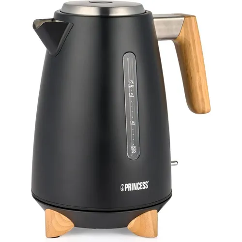 Princess Wasserkocher Pure - 1,7 L - Mattschwarz mit Bambusdesign - Stylischer Wasserkocher mit 3000 W Leistung für schnelles Erhitzen. 360° drehbar, 1,7 L Fassungsvermögen und integrierter Kalkfilter für perfekten Tee.