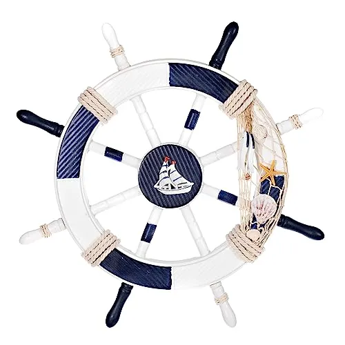 Birendy Holzdeko Steuerrad in Blau Weiß mit maritimen Keramikapplikationen Durchmesser 45cm Perfekte maritime Dekoration (8-Blau-Weiß-Segelschiff)