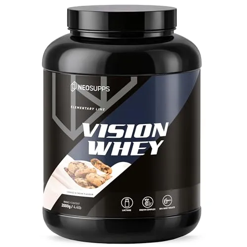 Neosupps Vision Whey Cookie Dough 2000g, hochwertiges Eiweißpulver für Muskelaufbau - Optimales Eiweißpulver zur Unterstützung der Muskelregeneration: Mit 70% Molkenprotein und zusätzlichen Verdauungsenzymen für eine effiziente Nährstoffaufnahme. Einfach in Wasser oder Milch lösbar, ideal für jeden Fitnessliebhaber.