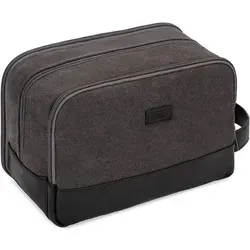 Kulturtasche Herren Reise Canvas wasserabweisend vegan Dunkelgrau - Praktische Kulturtasche für Herren aus strapazierfähigem, wasserabweisendem Canvas in stilvollem Dunkelgrau. Ideal für Reisen, bietet sie viel Platz und clevere Fächer für Ordnung und schnellen Zugriff auf Pflegeprodukte.
