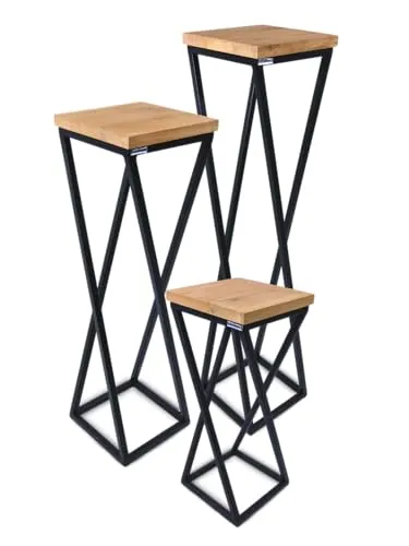 holz4home® Dekoständer-Set 3-tlg. in schwarz aus Massivholz Eiche - Blumentreppen aus hochwertigem, geöltem Massivholz und stabilem Metallgestell, ideal für drinnen und draußen. Perfekt als Blumenpodest oder Beistelltisch mit elegantem Loft-Design.