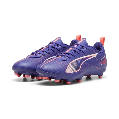 Puma Ultra 5 Play FG/AG Junior Fußballschuhe - Lila/Weiß - Fußballschuhe für Kinder mit innovativer SPEEDSYSTEM-Außensohle und FastTrax-Stollen für optimale Traktion auf festem Boden und Kunstrasen. Perfekt für junge Spieler, die Höchstleistung bringen wollen.