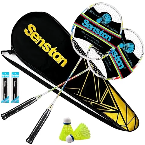 Senston Graphit Badminton Set - Leichtgewicht Profi Badmintonschläger - Badminton- & Federballsets: Mit nur 90g Gewicht und eingebautem T-Joint für maximale Stabilität und Kontrolle. Ideal für Training, Freizeit und Sport!
