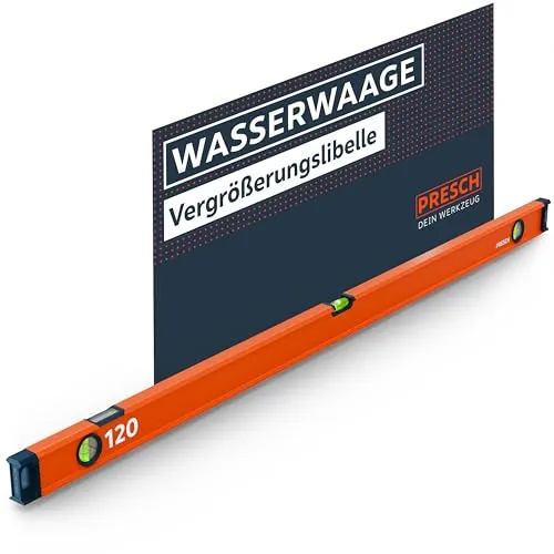 Presch Wasserwaage 120cm - Bruchfeste Weitwinkellibelle inkl. 2% Gefälle-Anzeige - Vertical-View-Funktion dank Sichtfenster - Innovative Anti-Rutsch‑Endkappen & präzisionsgefräste Messfläche