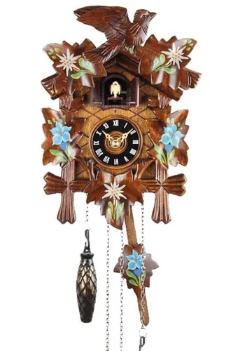 Eble Kuckucksuhr 22cm - Handbemalt mit 10 Melodien - Wunderschöne Kuckucksuhr aus Echtholz, 22 cm hoch. Liebevolle Handbemalung und fünf Laubblätter. Genießen Sie stündlich wechselnde Melodien – ideal für Ihr Zuhause.