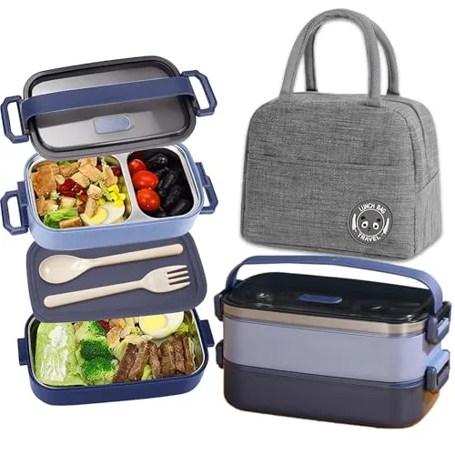 Haoh Edelstahl Brotdose Kit, 1100ml Edelstahl Brotzeitbox mit Besteck und Lunchtasche, Auslaufsichere Lunchbox mit Fächern für Picknick Schule Büro Kinder Erwachsene(Blau)