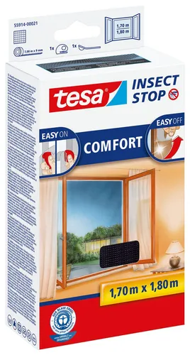 tesa Insect Stop Comfort Fliegengitter für Fenster - Fliegengitter ohne Bohren, ideal für einfaches Anbringen und Entfernen. Schützt vor Insekten und ist waschbar bis 30°C. Maße: 170 cm x 180 cm, Farbe: Anthrazit.