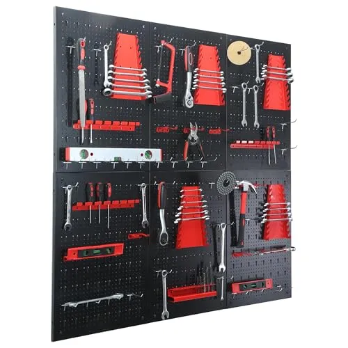 Relaxdays Werkzeugwand 39-tlg. Zubehör, 4 Lochwände, Metall, Schwarz/Rot