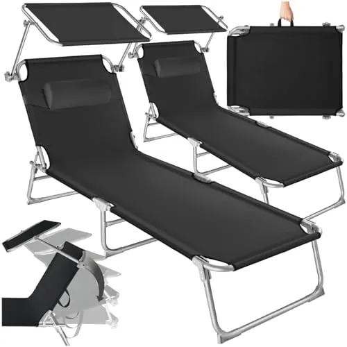 tectake 2er Set Sonnenliege - Klappbare Gartenliege mit Dach - Liegen: Leichte, transportable Sonnenliege im Doppelpack, ideal für Garten und Camping. Verstellbare Rückenlehne und abnehmbares Kopfkissen für hohen Liegekomfort.