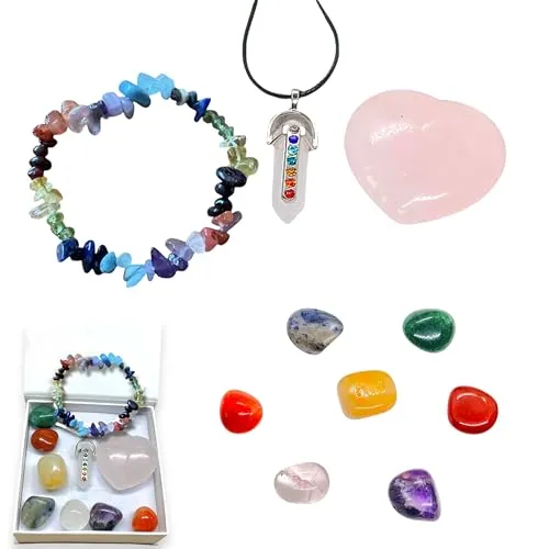 Steinfixx® - Chakra Set I Chakra Set Selbstheilung - 11 teilig mit Hexagon, Armband und Herz in Geschenkbox - mit 14 seitigem Ebook als Anleitung