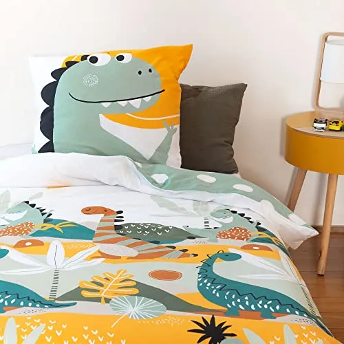 CÔTE DECO Bettwäsche für Kinder, wendbar, Dinosaurier, Prehisto, grün, Bettbezug 140 x 200 cm + 1 Kissenbezug 63 x 63 cm