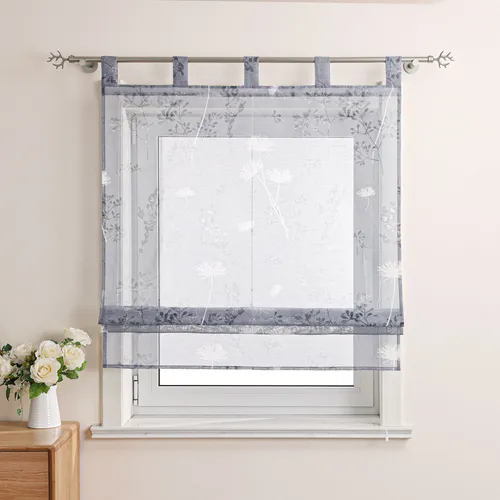 Raffrollo mit Schlaufen, Voile Gardinen Landhaus Küche Raffgardinen Schlaufenrollo, Transparent, Grau BxH 80x140cm