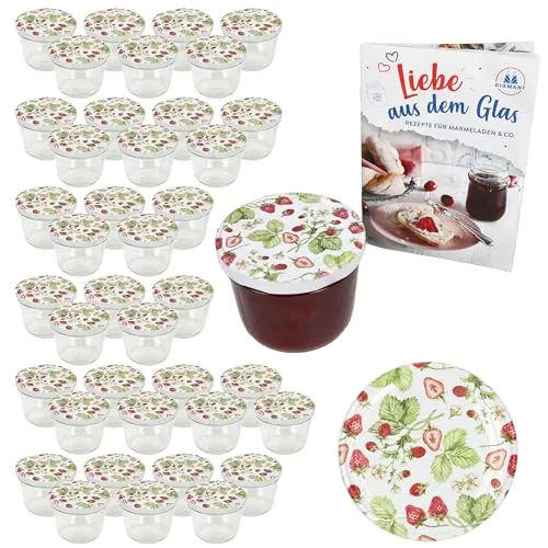 MamboCat Einmachglas 40er Set - Sturzglas 230ml mit Wald-Erdbeer-Deckel - Einmachgläser für kreative Konservierung, ideal für Marmelade oder Geschenke, aus hochwertigem Glas und mit bunten Deckeln.