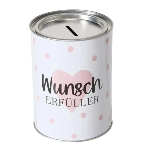 ReWu Spardose Sparschwein Schriftzug Wunscherfüller - Deckel abnehmbar - Wiederverwendbar Metall Sparbüchse Geldgeschenk Geschenkidee Geldspardose Metallspardose 14 x 10 cm