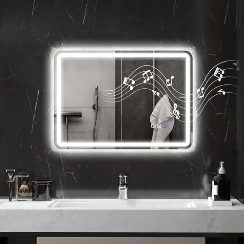 HOMCOM Badspiegel mit Beleuchtung 70x50 cm - Stylischer LED-Wandspiegel mit Bluetooth-Musikfunktion und Antibeschlag-Technologie für klare Sicht. Ideal für ein modernes Badezimmer, sorgt für die perfekte Beleuchtung und Stimmung.