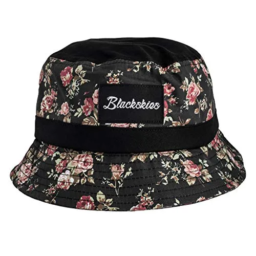 Blackskies® Black Beauty Bucket Hat | Damen Herren Urlaub Strand Blumen Sonnenhut Fischerhut Schwarz mit Rosen