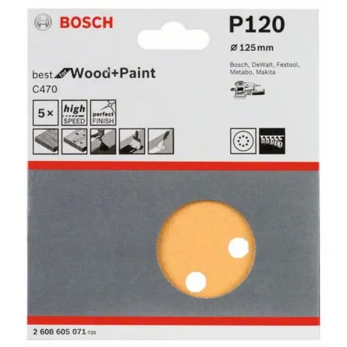 Bosch Professional 5 Stück Schleifblatt C470 Best for Wood+Paint (Holz und Farbe, Ø 125 mm, Korn 120), 2608605071