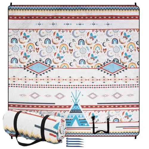Boho Picknickdecke 200x200 - Große Beige Stranddecke - Luftmatratzen & Isomatten - XXL Picknickdecke aus hochwertigem Polyester, ideal für Strand und Park, sorgt für Komfort und Stil bei jedem Ausflug.