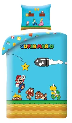 Super Mario Bettwäsche Ver. 3 - 140 x 200 cm / 70 x 90 cm - Actionfiguren und Bettwäsche - Offiziell lizenzierte Super Mario Bettgarnitur aus 100% Polyester, ideal für Fans und Kinder, die ihren Schlafbereich mit ihren Lieblingscharakteren verschönern möchten.