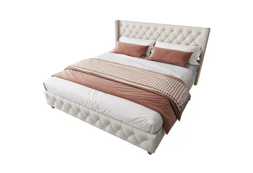 REDOM Polsterbett mit Lattenrost und Kopfteil (Massivholzbett bietet ein hohes Schlafkomfort, 1-tlg., 140 x 190 cm), mit Holzbeine,Knopfpolsterung, Nietenpolsterung