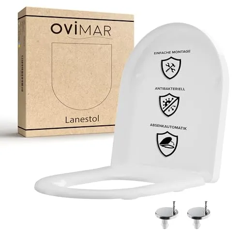 ovimar WC Sitz Lanestol D Form | Weiß | Softclose Toilettendeckel mit Quick-Release - Hochwertiger WC Sitz in D Form mit leiser Absenkautomatik und einfacher Montage. Der robuste Duroplast ist antibakteriell und langlebig, ideal für jedes Badezimmer.
