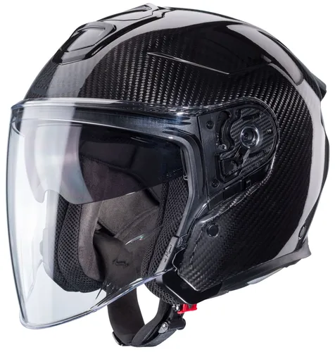 Caberg Flyon II Carbon Jethelm - Schwarz - XS - Motorradhelm aus leichtem Carbon, mit kratzfestem Visier, integrierter Sonnenblende und vorbereitet für Bluetooth-Kommunikation - ideal für sichere Touren.