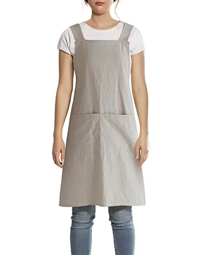 FBBULES Küchenschürze mit Tasche Baumwolle und Leinen Schürze Japanischer Stil Kreuz Bandage Kochen Backen Schürze Gärtnern für Damen Männer, Khaki