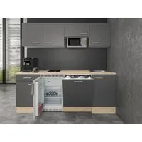 Flex-Well Exclusiv Büroküche Morena 210 cm Basaltgrau matt-San Remo Eiche hell - Küchenzeilen mit moderner Elektrogeräte-Ausstattung, ideal für Büros und Wohngemeinschaften. Flexible Montageoptionen und viel Stauraum für eine funktionale Küchengestaltung.