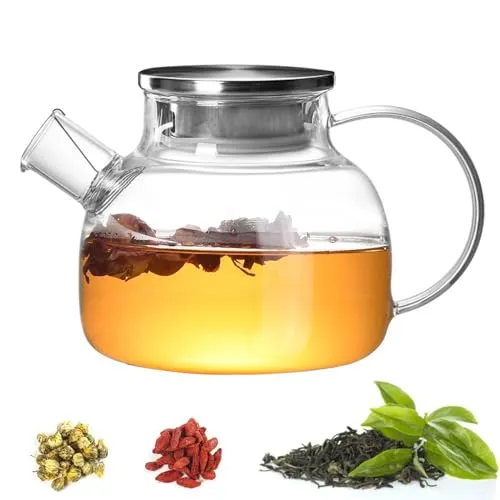 Diompirux 1000ml hochwertig Teekanne aus Glas mit Deckel, Hitzebeständig und Mikrowellenbeständig, Herausnehmbarer Edelstahlfilter und Ausguss-Filter, für Schwarzen Tee, Grüner Tee, Fruchttee