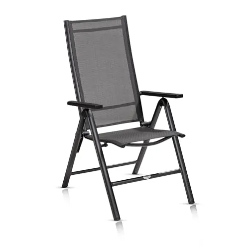 KHG Gartenstuhl Hochlehner Alu Klappstuhl, 8-Fach verstellbare Rückenlehne mit Armlehne, Anthrazit Grau wetterfest rostfrei, 120 kg belastbar, Balkonstuhl, vormontiert, Kunststoff Gewebe