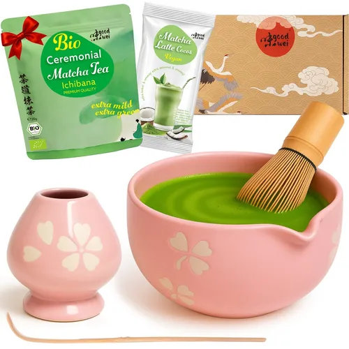 BIO Matcha Tee Set mit Teeschale und Besen | Hanami - Vielseitiges Matcha Tee Set mit handbemalter Teeschale, Besen und Ausgießer. Ideal für die Zubereitung von heißen Getränken, spülmaschinenfest und mikrowellengeeignet. Perfekt für Teeliebhaber!