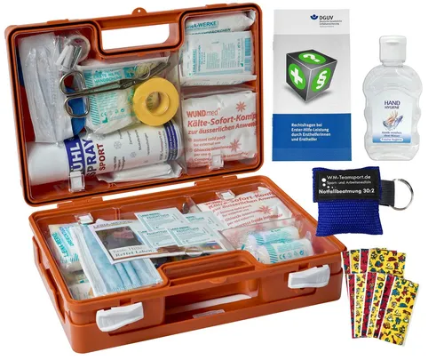 WM-Teamsport Erste-Hilfe-Koffer S1 PLUS - Erste-Hilfe Koffer nach DIN 13157 & 13164, ideal für Betriebe und Sport. Robuster Koffer mit verstärkten Ecken, inklusive Notfallbeatmungshilfe und Kälte-Kompresse für schnelle Hilfe.