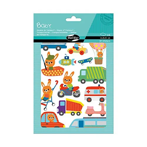 MY MANDARINE AE166C - Packung Baby, 6 Stickerbogen 14,8x21cm (87 Stickers), Transportmittel, 1 Pack