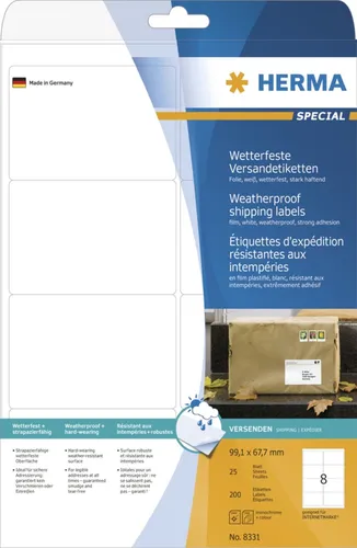 HERMA 8331 Wetterfeste Versandetiketten - 200 Stück, selbstklebend - Adressaufkleber aus strapazierfähigem Material, UV- und wasserfest, ideal für Laserdrucker, perfekt für den Versand bei jedem Wetter.